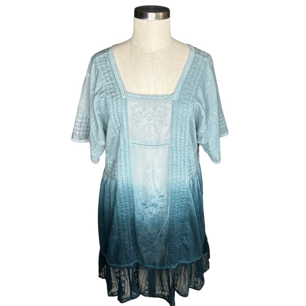 HOLDING HORSES‎ Blue Ombre Embroidered Pleated Tunic Blouse Mini Dress Size Med